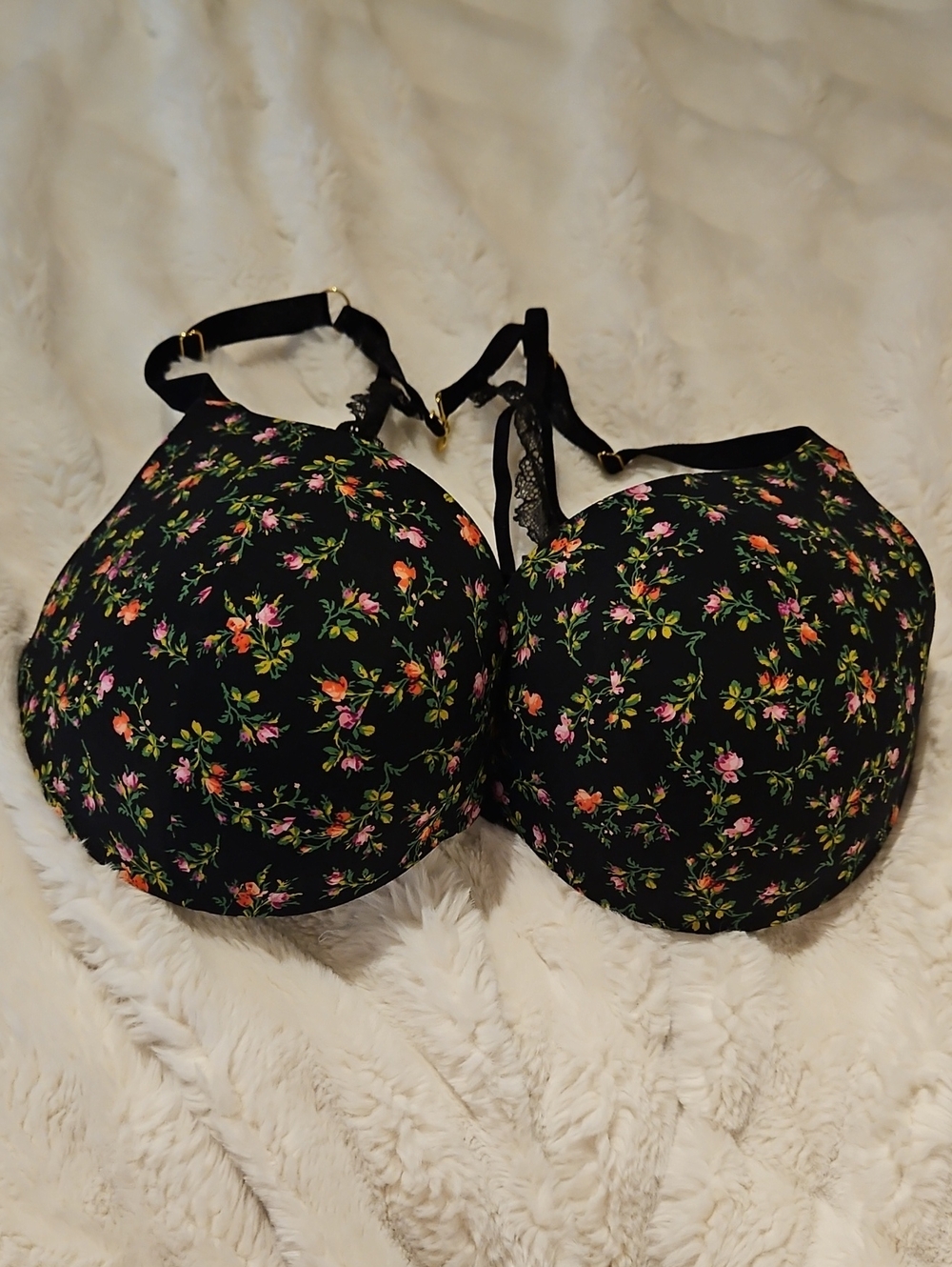 Victoria's Secret Black Floral Light Push-up Bra with Pink and Orange Blossoms